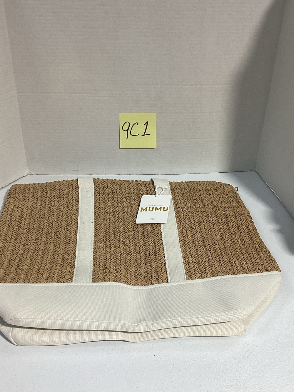 Show Me Your MuMu Tan Woven Tote with Cream Trim